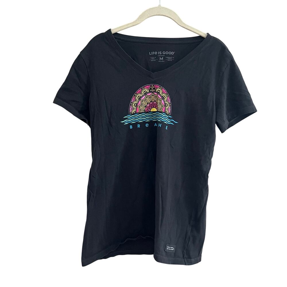 Life is Good Womens T-shirt Gray Charcoal Mandala Breather V-Neck-M